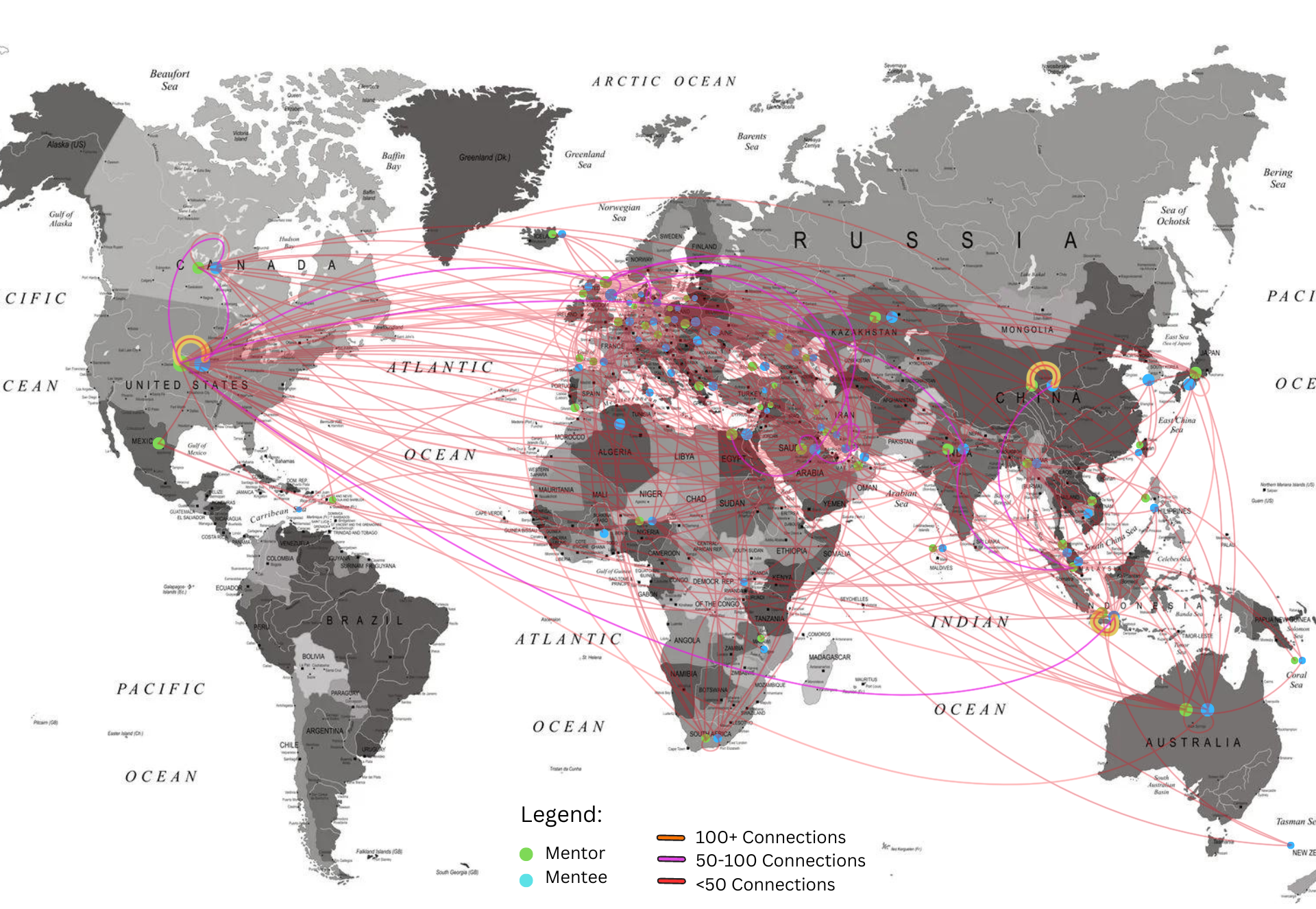 World map showing global mentoring connections across locations at Marriott International, with mentors and mentees linked across continents